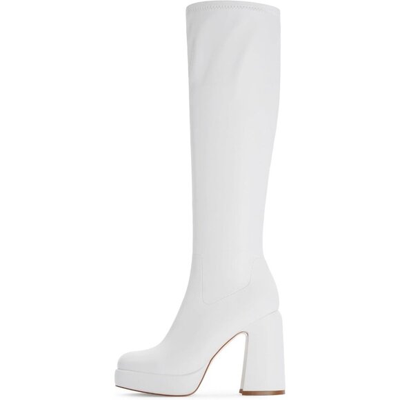 Women's White Platform Knee High Boots Chunky Heel Rounded Toe Zipper - Picture 3 of 9